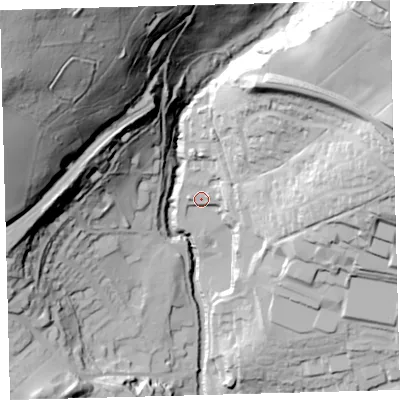 Shaded relief map of the ground around PL210UU, computed from Environment Agency LiDAR. The ground here sits at about 77 m above sea level and falls 131 m across the surrounding 800 m. Surface water reaching this point runs off ground lying to the north-east, 9.7 m higher.