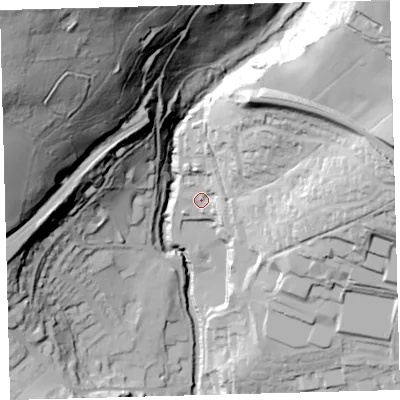 Shaded relief map of the ground around PL210UX, computed from Environment Agency LiDAR. The ground here sits at about 79 m above sea level and falls 134 m across the surrounding 800 m. Surface water reaching this point runs off ground lying to the north-east, 6.7 m higher.