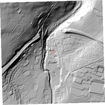 Shaded relief map of the ground around PL210UY, computed from Environment Agency LiDAR. The ground here sits at about 80 m above sea level and falls 138 m across the surrounding 800 m. Surface water reaching this point runs off ground lying to the north-east, 20.8 m higher.