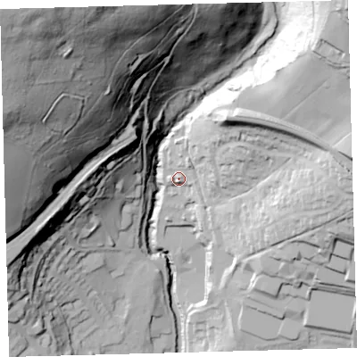 Shaded relief map of the ground around PL210UZ, computed from Environment Agency LiDAR. The ground here sits at about 83 m above sea level and falls 140 m across the surrounding 800 m. Surface water reaching this point runs off ground lying to the north-east, 20.4 m higher.