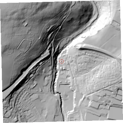 Shaded relief map of the ground around PL210WH, computed from Environment Agency LiDAR. The ground here sits at about 83 m above sea level and falls 141 m across the surrounding 800 m. Surface water reaching this point runs off ground lying to the north-east, 35.5 m higher.