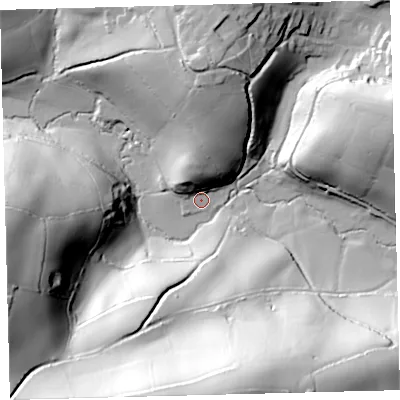 Shaded relief map of the ground around PL210XE, computed from Environment Agency LiDAR. The ground here sits at about 25 m above sea level and falls 98 m across the surrounding 800 m. Surface water reaching this point runs off ground lying to the north, 20.3 m higher.