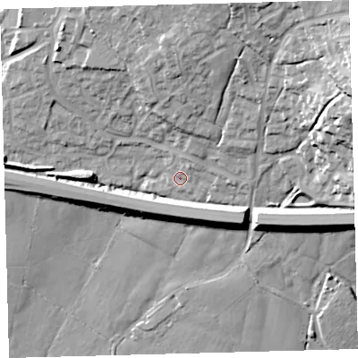 Shaded relief map of the ground around PL210YD, computed from Environment Agency LiDAR. The ground here sits at about 49 m above sea level and falls 39 m across the surrounding 800 m. Surface water reaching this point runs off ground lying to the north-east, 3.4 m higher.