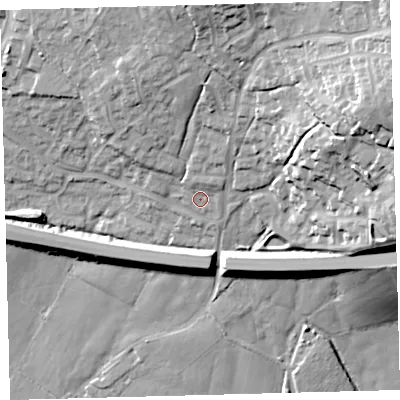 Shaded relief map of the ground around PL210YF, computed from Environment Agency LiDAR. The ground here sits at about 53 m above sea level and falls 44 m across the surrounding 800 m. Surface water reaching this point runs off ground lying to the north-east, 3.4 m higher.