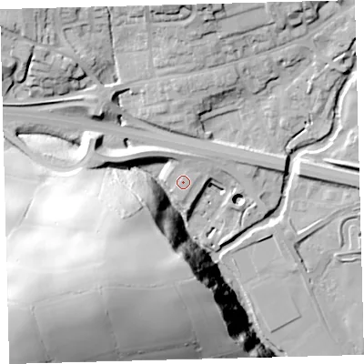 Shaded relief map of the ground around PL210YY, computed from Environment Agency LiDAR. The ground here sits at about 44 m above sea level and falls 69 m across the surrounding 800 m. Surface water reaching this point runs off ground lying to the north-north-west, 2.8 m higher.