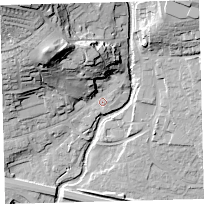 Shaded relief map of the ground around PL219AB, computed from Environment Agency LiDAR. The ground here sits at about 55 m above sea level and falls 68 m across the surrounding 800 m. Surface water reaching this point runs off ground lying to the north-north-west, 32.7 m higher.