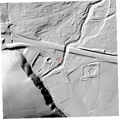 Shaded relief map of the ground around PL219DE, computed from Environment Agency LiDAR. The ground here sits at about 42 m above sea level and falls 64 m across the surrounding 800 m. Surface water reaching this point runs off ground lying to the north, 5.0 m higher.