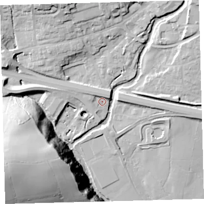 Shaded relief map of the ground around PL219DG, computed from Environment Agency LiDAR. The ground here sits at about 43 m above sea level and falls 63 m across the surrounding 800 m. Surface water reaching this point runs off ground lying to the north-north-east, 4.2 m higher.