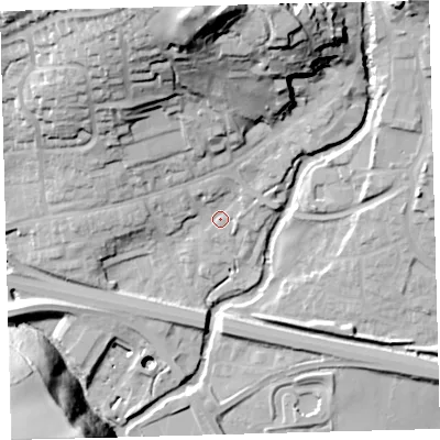Shaded relief map of the ground around PL219DH, computed from Environment Agency LiDAR. The ground here sits at about 48 m above sea level and falls 63 m across the surrounding 800 m. Surface water reaching this point runs off ground lying to the north, 47.5 m higher.