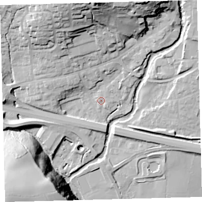 Shaded relief map of the ground around PL219DJ, computed from Environment Agency LiDAR. The ground here sits at about 46 m above sea level and falls 63 m across the surrounding 800 m. Surface water reaching this point runs off ground lying to the north-north-east, 1.4 m higher.
