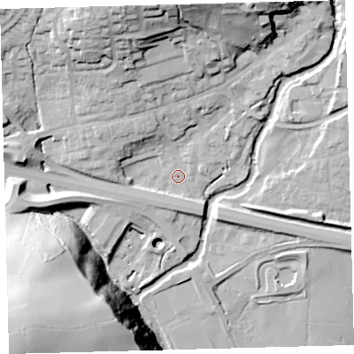 Shaded relief map of the ground around PL219DP, computed from Environment Agency LiDAR. The ground here sits at about 44 m above sea level and falls 63 m across the surrounding 800 m. Surface water reaching this point runs off ground lying to the north, 32.4 m higher.