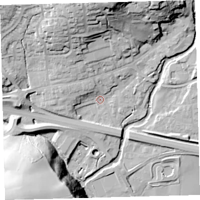 Shaded relief map of the ground around PL219DW, computed from Environment Agency LiDAR. The ground here sits at about 45 m above sea level and falls 63 m across the surrounding 800 m. Surface water reaching this point runs off ground lying to the west-north-west, 9.6 m higher.