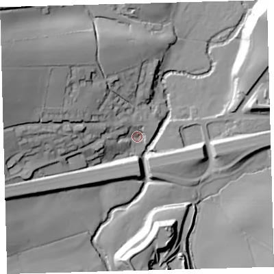 Shaded relief map of the ground around PL219DX, computed from Environment Agency LiDAR. The ground here sits at about 46 m above sea level and falls 47 m across the surrounding 800 m. Surface water reaching this point runs off ground lying to the west-north-west, 41.3 m higher.
