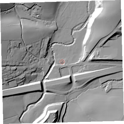 Shaded relief map of the ground around PL219ED, computed from Environment Agency LiDAR. The ground here sits at about 46 m above sea level and falls 48 m across the surrounding 800 m. Surface water reaching this point runs off ground lying to the north-east, 42.6 m higher.
