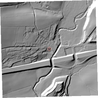 Shaded relief map of the ground around PL219EE, computed from Environment Agency LiDAR. The ground here sits at about 49 m above sea level and falls 50 m across the surrounding 800 m. Surface water reaching this point runs off ground lying to the west-north-west, 40.7 m higher.