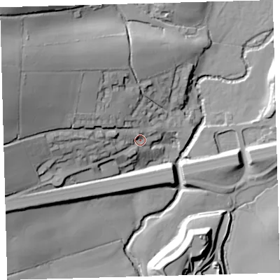 Shaded relief map of the ground around PL219EF, computed from Environment Agency LiDAR. The ground here sits at about 54 m above sea level and falls 56 m across the surrounding 800 m. Surface water reaching this point runs off ground lying to the west-north-west, 39.8 m higher.