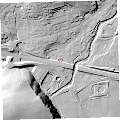 Shaded relief map of the ground around PL219EH, computed from Environment Agency LiDAR. The ground here sits at about 43 m above sea level and falls 63 m across the surrounding 800 m. Surface water reaching this point runs off ground lying to the east-south-east, 4.4 m higher.