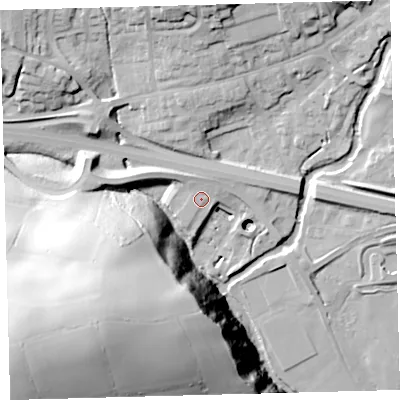 Shaded relief map of the ground around PL219ES, computed from Environment Agency LiDAR. The ground here sits at about 44 m above sea level and falls 68 m across the surrounding 800 m. Surface water reaching this point runs off ground lying to the north-west, 1.7 m higher.