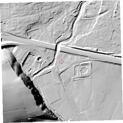 Shaded relief map of the ground around PL219EY, computed from Environment Agency LiDAR. The ground here sits at about 42 m above sea level and falls 61 m across the surrounding 800 m. Surface water reaching this point runs off ground lying to the east-north-east, 7.6 m higher.