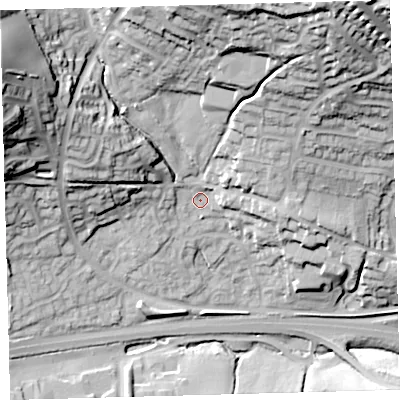Shaded relief map of the ground around PL219HG, computed from Environment Agency LiDAR. The ground here sits at about 56 m above sea level and falls 59 m across the surrounding 800 m. Surface water reaching this point runs off ground lying to the north-east, 41.6 m higher.