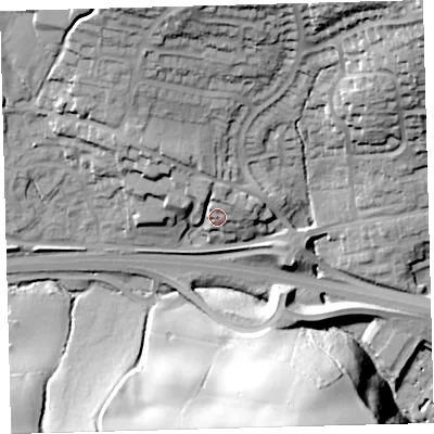 Shaded relief map of the ground around PL219HJ, computed from Environment Agency LiDAR. The ground here sits at about 54 m above sea level and falls 51 m across the surrounding 800 m. Surface water reaching this point runs off ground lying to the north-north-west, 7.7 m higher.
