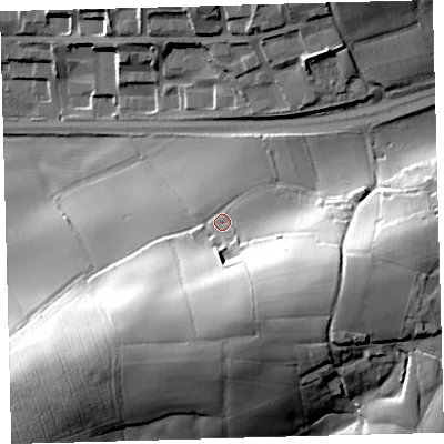 Shaded relief map of the ground around PL219JP, computed from Environment Agency LiDAR. The ground here sits at about 74 m above sea level and falls 43 m across the surrounding 800 m. Surface water reaching this point runs off ground lying to the south-south-east, 25.4 m higher.