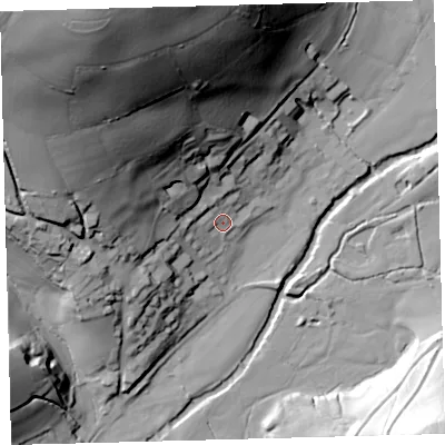 Shaded relief map of the ground around PL219NB, computed from Environment Agency LiDAR. The ground here sits at about 16 m above sea level and falls 107 m across the surrounding 800 m. Surface water reaching this point runs off ground lying to the north-north-west, 97.0 m higher.
