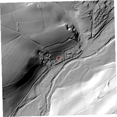 Shaded relief map of the ground around PL219NS, computed from Environment Agency LiDAR. The ground here sits at about 14 m above sea level and falls 84 m across the surrounding 800 m. Surface water reaching this point runs off ground lying to the north-west, 57.6 m higher.