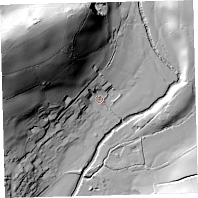 Shaded relief map of the ground around PL219NT, computed from Environment Agency LiDAR. The ground here sits at about 13 m above sea level and falls 106 m across the surrounding 800 m. Surface water reaching this point runs off ground lying to the north-west, 97.6 m higher.