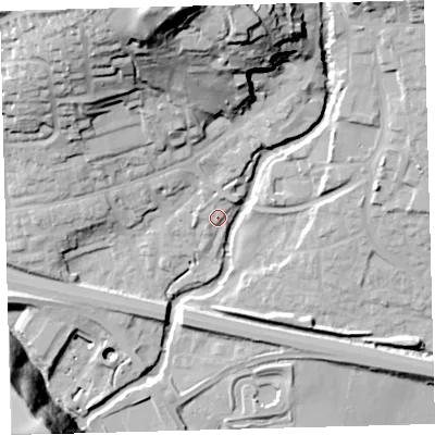 Shaded relief map of the ground around PL219PA, computed from Environment Agency LiDAR. The ground here sits at about 49 m above sea level and falls 63 m across the surrounding 800 m. Surface water reaching this point runs off ground lying to the north-west, 2.2 m higher.