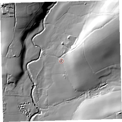 Shaded relief map of the ground around PL219PL, computed from Environment Agency LiDAR. The ground here sits at about 69 m above sea level and falls 46 m across the surrounding 800 m. Surface water reaching this point runs off ground lying to the east-north-east, 18.3 m higher.