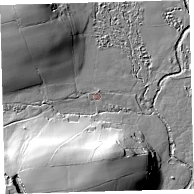 Shaded relief map of the ground around PL219PN, computed from Environment Agency LiDAR. The ground here sits at about 59 m above sea level and falls 45 m across the surrounding 800 m. Surface water reaching this point runs off ground lying to the north-west, 25.8 m higher.