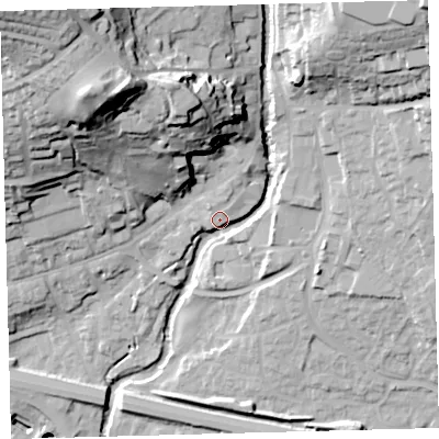 Shaded relief map of the ground around PL219PS, computed from Environment Agency LiDAR. The ground here sits at about 54 m above sea level and falls 68 m across the surrounding 800 m. Surface water reaching this point runs off ground lying to the north-west, 47.9 m higher.