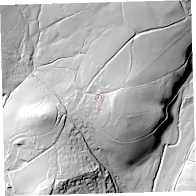Shaded relief map of the ground around PL219QB, computed from Environment Agency LiDAR. The ground here sits at about 127 m above sea level and falls 60 m across the surrounding 800 m. Surface water reaching this point runs off ground lying to the east-south-east, 8.2 m higher.