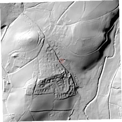 Shaded relief map of the ground around PL219QG, computed from Environment Agency LiDAR. The ground here sits at about 113 m above sea level and falls 46 m across the surrounding 800 m. Surface water reaching this point runs off ground lying to the north-north-east, 22.5 m higher.