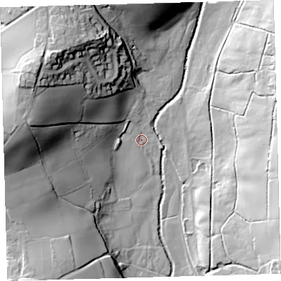 Shaded relief map of the ground around PL219QQ, computed from Environment Agency LiDAR. The ground here sits at about 89 m above sea level and falls 51 m across the surrounding 800 m. Surface water reaching this point runs off ground lying to the north-west, 2.1 m higher.