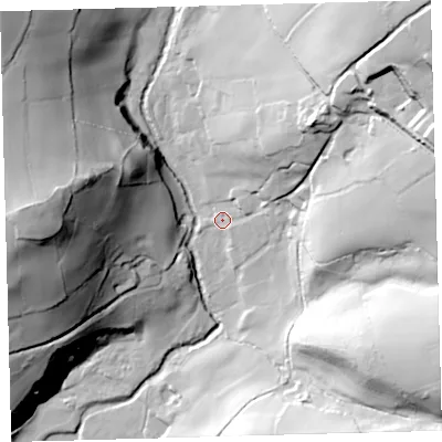 Shaded relief map of the ground around PL219RA, computed from Environment Agency LiDAR. The ground here sits at about 118 m above sea level and falls 84 m across the surrounding 800 m. Surface water reaching this point runs off ground lying to the north-east, 39.9 m higher.