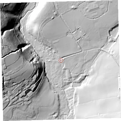 Shaded relief map of the ground around PL219RP, computed from Environment Agency LiDAR. The ground here sits at about 97 m above sea level and falls 78 m across the surrounding 800 m. Surface water reaching this point runs off ground lying to the north-north-west, 26.6 m higher.