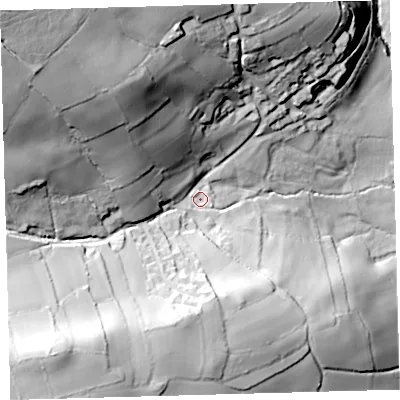Shaded relief map of the ground around PL219SH, computed from Environment Agency LiDAR. The ground here sits at about 118 m above sea level and falls 108 m across the surrounding 800 m. Surface water reaching this point runs off ground lying to the north-west, 77.3 m higher.