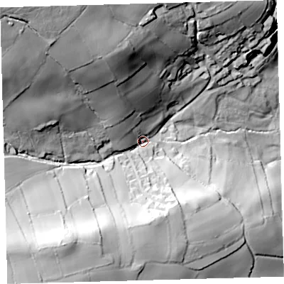 Shaded relief map of the ground around PL219SL, computed from Environment Agency LiDAR. The ground here sits at about 123 m above sea level and falls 106 m across the surrounding 800 m. Surface water reaching this point runs off ground lying to the north-west, 78.4 m higher.