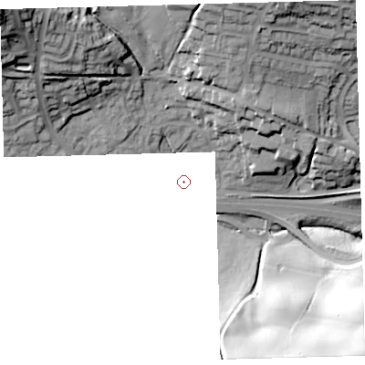 Shaded relief map of the ground around PL219TR, computed from Environment Agency LiDAR. and falls 49 m across the surrounding 800 m.