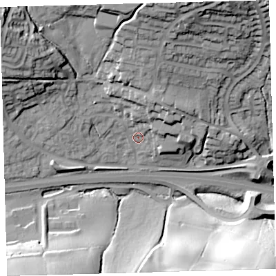 Shaded relief map of the ground around PL219UB, computed from Environment Agency LiDAR. The ground here sits at about 51 m above sea level and falls 42 m across the surrounding 800 m. Surface water reaching this point runs off ground lying to the north-west, 26.9 m higher.