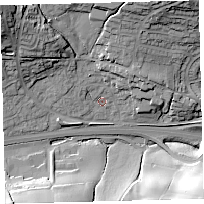 Shaded relief map of the ground around PL219UD, computed from Environment Agency LiDAR. The ground here sits at about 51 m above sea level and falls 47 m across the surrounding 800 m. Surface water reaching this point runs off ground lying to the north-west, 14.6 m higher.