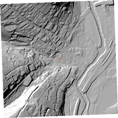 Shaded relief map of the ground around PL220AD, computed from Environment Agency LiDAR. The ground here sits at about 7 m above sea level and falls 82 m across the surrounding 800 m. Surface water reaching this point runs off ground lying to the north-west, 76.5 m higher.