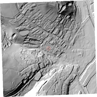 Shaded relief map of the ground around PL220AX, computed from Environment Agency LiDAR. The ground here sits at about 22 m above sea level and falls 96 m across the surrounding 800 m. Surface water reaching this point runs off ground lying to the north-west, 42.7 m higher.