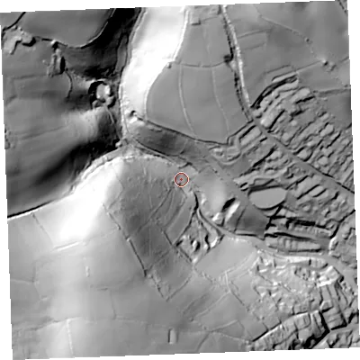 Shaded relief map of the ground around PL220AZ, computed from Environment Agency LiDAR. The ground here sits at about 41 m above sea level and falls 120 m across the surrounding 800 m. Surface water reaching this point runs off ground lying to the north-west, 94.6 m higher.