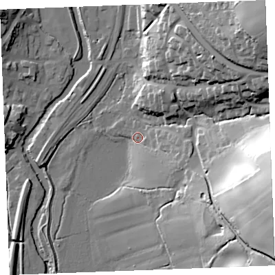 Shaded relief map of the ground around PL220BD, computed from Environment Agency LiDAR. The ground here sits at about 6 m above sea level and falls 62 m across the surrounding 800 m. Surface water reaching this point runs off ground lying to the south-east, 11.2 m higher.