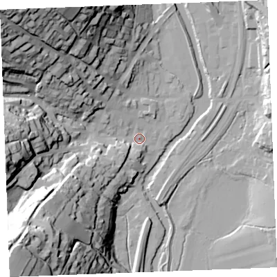 Shaded relief map of the ground around PL220BG, computed from Environment Agency LiDAR. The ground here sits at about 5 m above sea level and falls 70 m across the surrounding 800 m. Surface water reaching this point runs off ground lying to the north-west, 66.8 m higher.