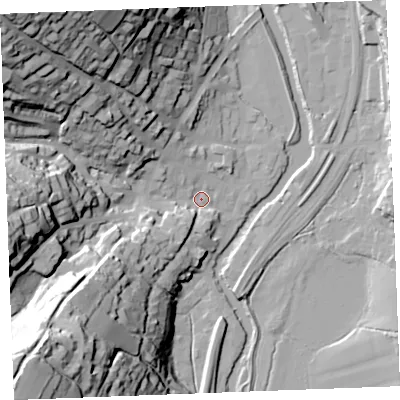 Shaded relief map of the ground around PL220BH, computed from Environment Agency LiDAR. The ground here sits at about 5 m above sea level and falls 71 m across the surrounding 800 m. Surface water reaching this point runs off ground lying to the north-west, 67.7 m higher.