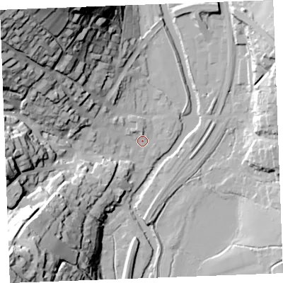 Shaded relief map of the ground around PL220BN, computed from Environment Agency LiDAR. The ground here sits at about 4 m above sea level and falls 72 m across the surrounding 800 m. Surface water reaching this point runs off ground lying to the north-west, 13.0 m higher.